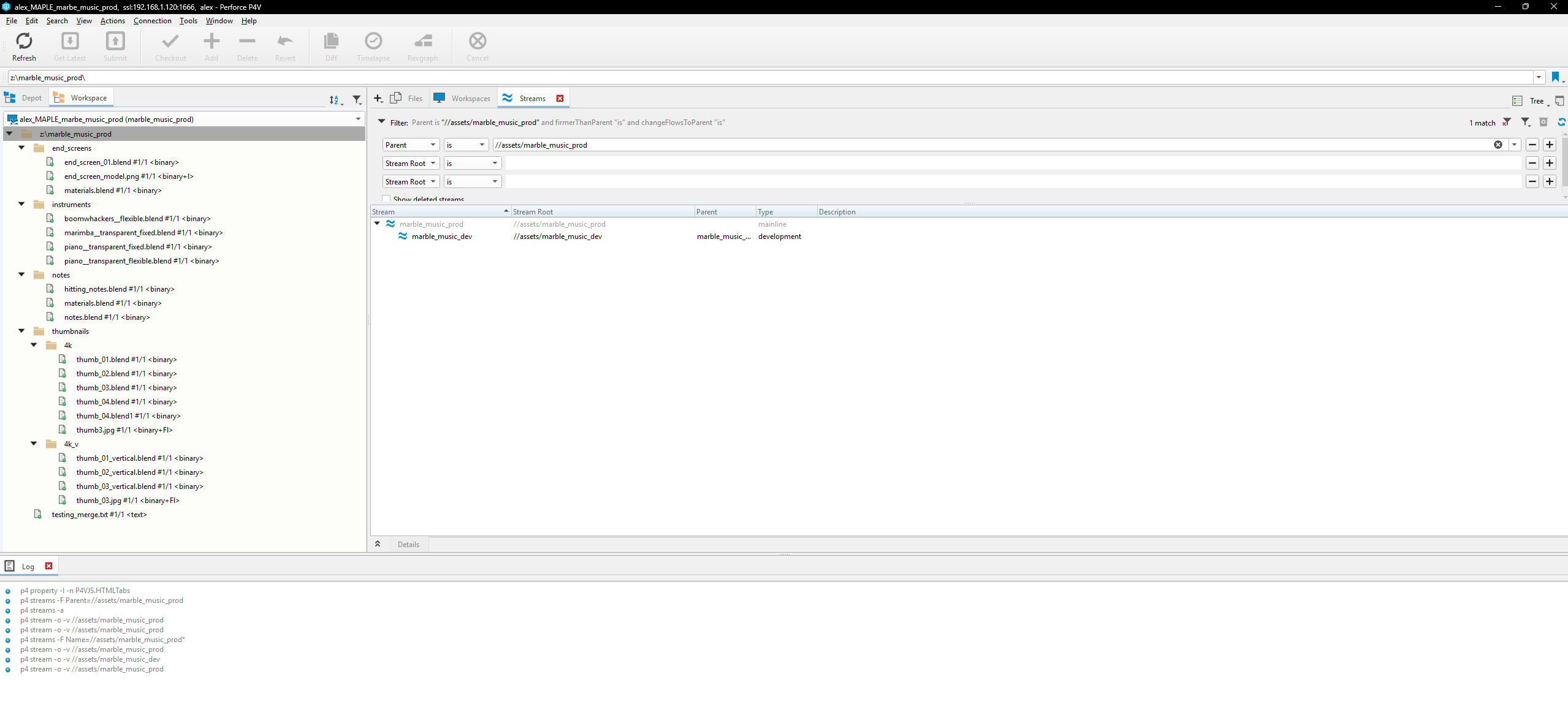 Perforce P4V client with marble music depot
